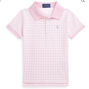 Ralph Lauren kids girls gingham stretch mesh polo shirt collar pink